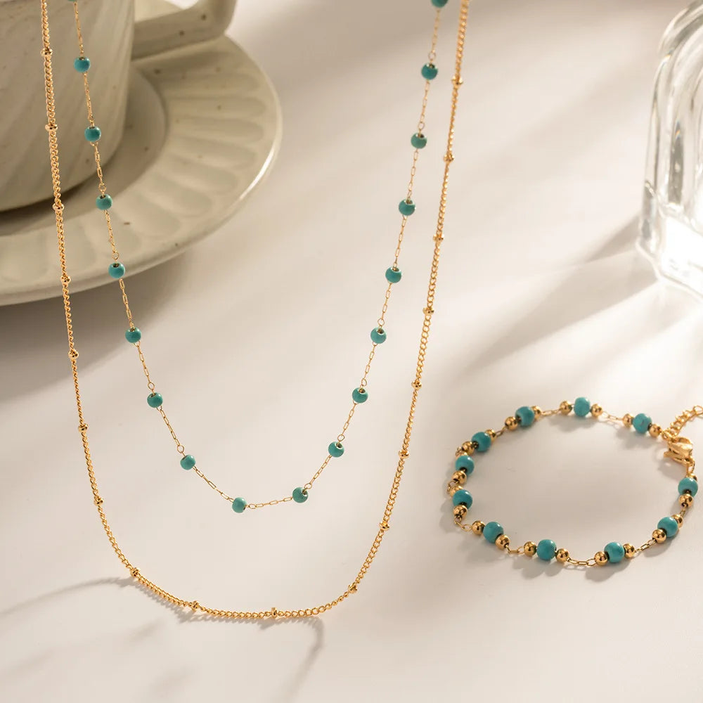 Collier En Acier Inoxydable 2023 Vintage Boho Stainless Steel Chain Double Layer Blue Bead Jewelry Necklace 18k Gold Plated