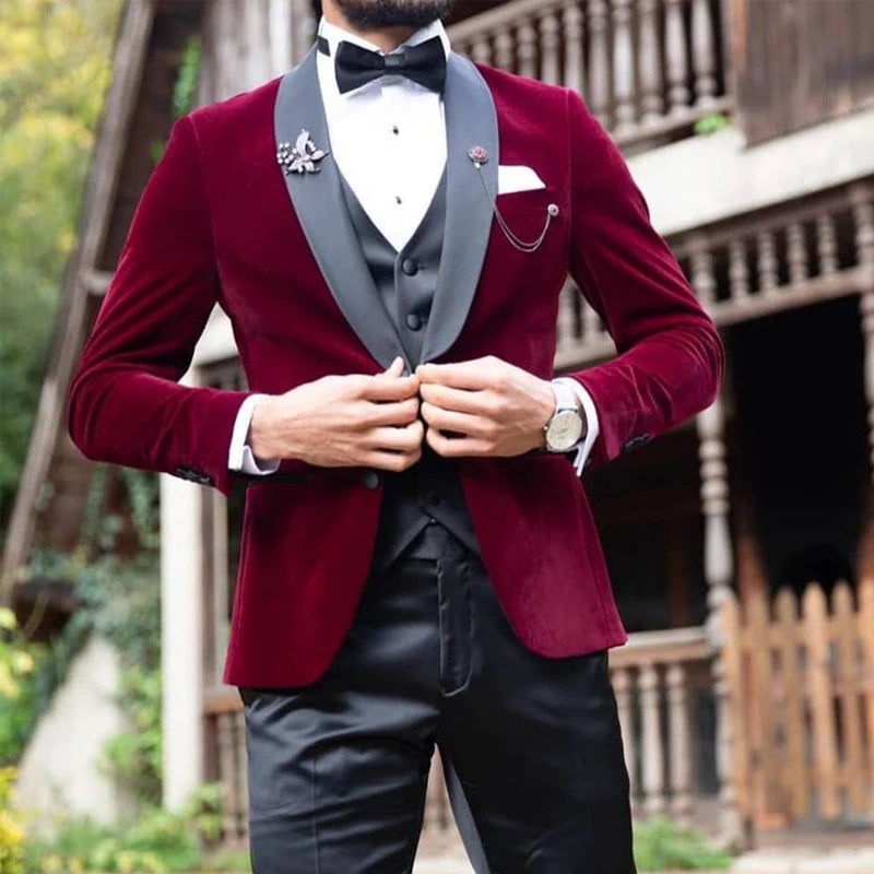 2025 Velvet Burgundy Men Suits 3 Piece Dinner for Vest With Black Pants Elegant Shawl Lapel Wedding Tuxedo for Groom blazer Suit