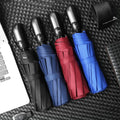 Custom Logo Printing UV Coating Classic Three-Folding Automatic Windproof Waterproof Glass Fiber Travel Umbrella 105cm Open