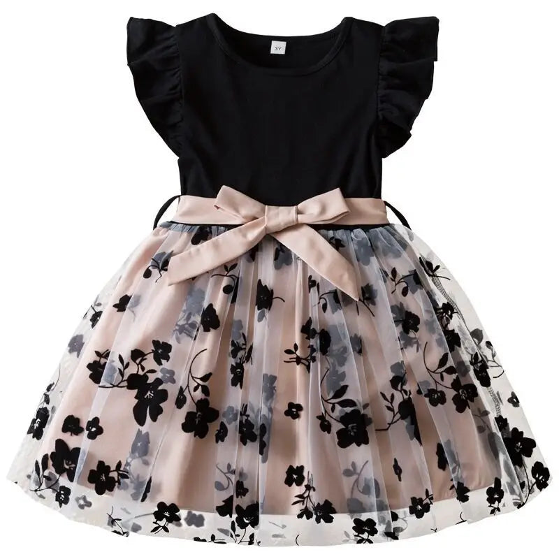 2025 Summer New Girls' Dress Korean Style Flounced Sleeve Flower Mesh Princess Dress Children's Holiday Performance Dress