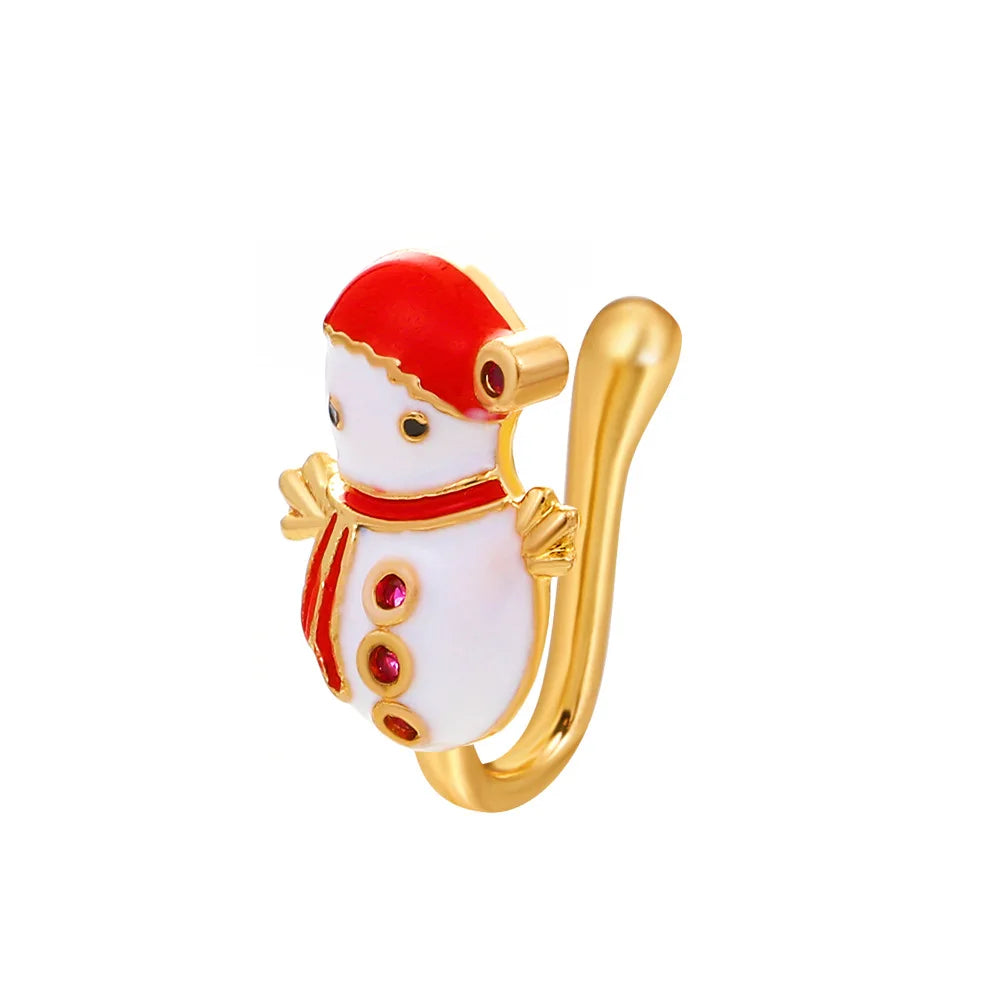 1Pc Copper CZ Christmas Tree Clip On Nose Ring For Festival Deer Bells Nose Piercing Enamel Christmas Nose Cuff