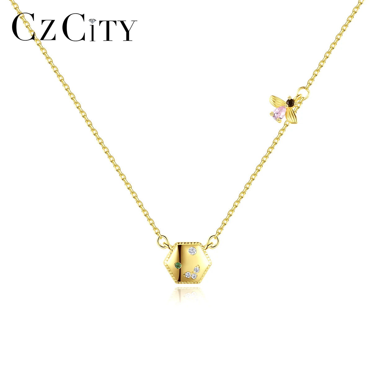 Fashion Pretty Hexagonal Pendant Necklace 14K Gold Plated Charm 925 Sterling Silver Honey Bee Necklace Jewelry