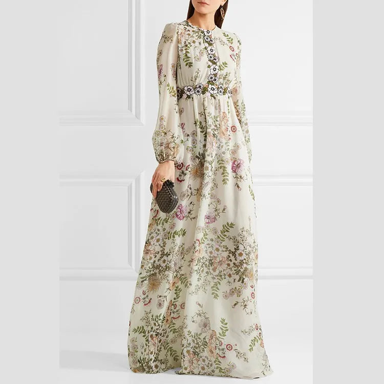 European Luxury Clothing Custom Lace Trim Dress Spring Modest Woman Floral Chiffon Maxi Dress Fashion Prom Party Dress