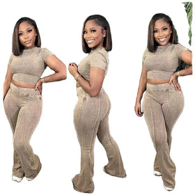 KY Cropped Acid Wash Cotton Tshirt Custom Flare Sweat Pants Designer 2 Piece Set for Women