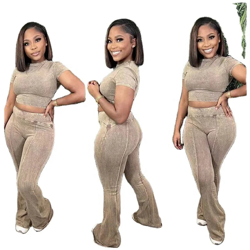 KY Cropped Acid Wash Cotton Tshirt Custom Flare Sweat Pants Designer 2 Piece Set for Women