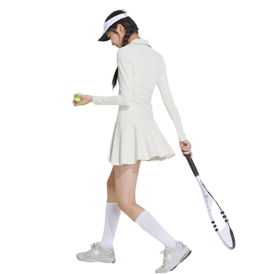 Thicken Polo-Shirt Long Sleeve Pleated Skirt Thumb Hole One Piece Golf Dress