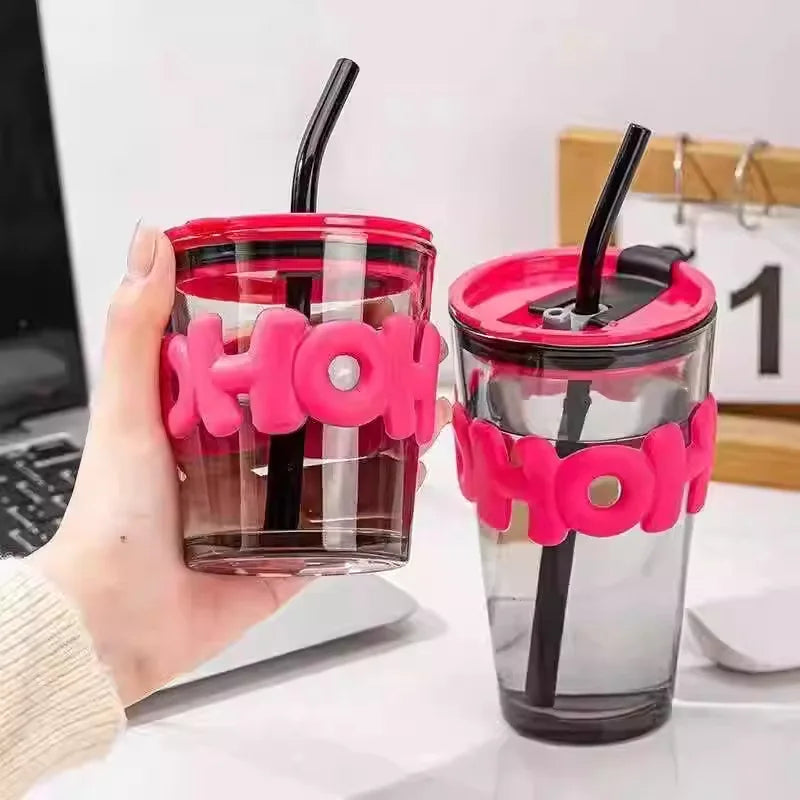 Women's Home Summer Glass Cup with Lid and Straw Beautiful Fruit Juice Milk Tea Coffee Drinkware