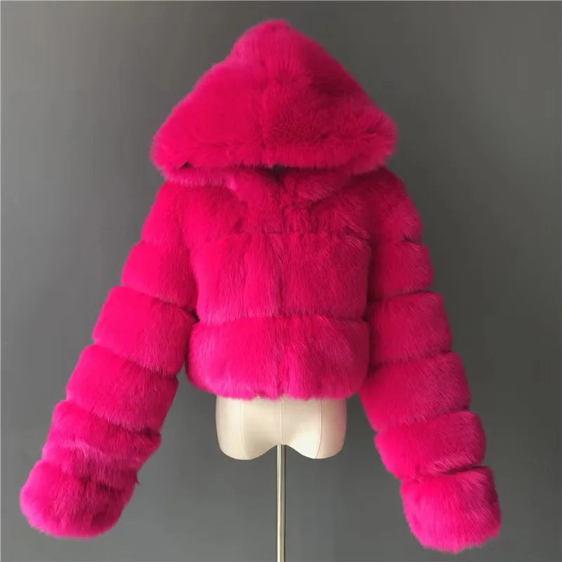 Cropped  Winter Coat Jacket Women Faux Fox Fur Coat With Hood Fashion Short Style Fake Fur Coat for Lady