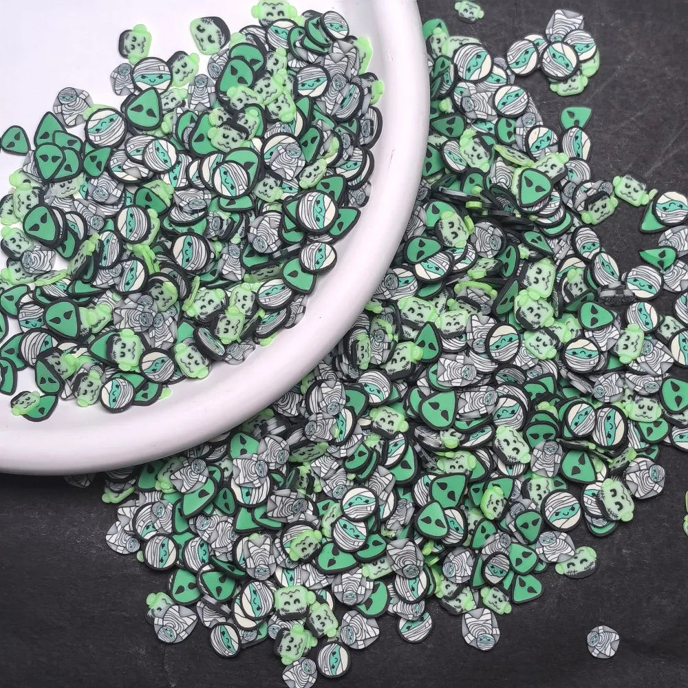 500g/lot Kawaii Cute Green Polymer Clay Slices Ghost Sprinkles for Crafts Making DIY Slime Filling Accessories Crystal Mud Decor