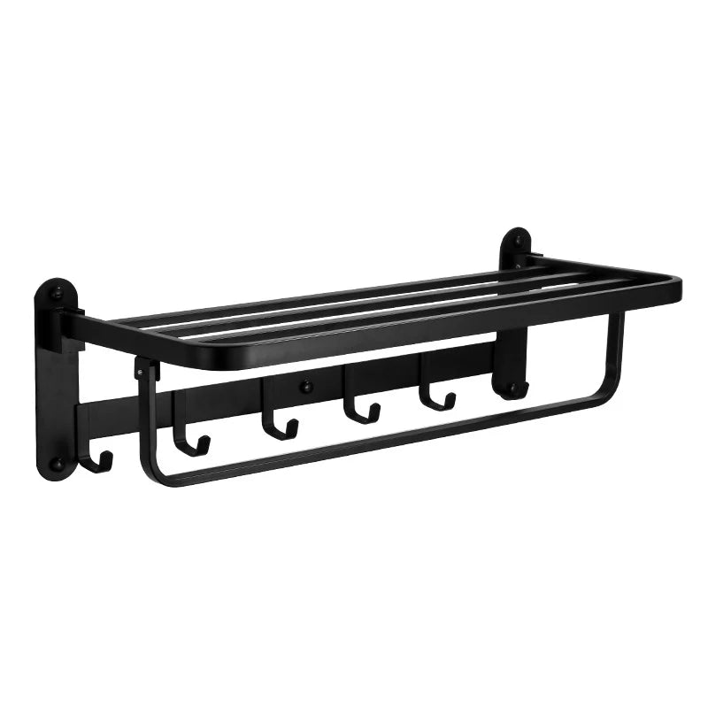 Customized 1500g Black Stainless Steel Folding Towel Rack - Wall Mounted Bathroom Towel Holder with Hooks