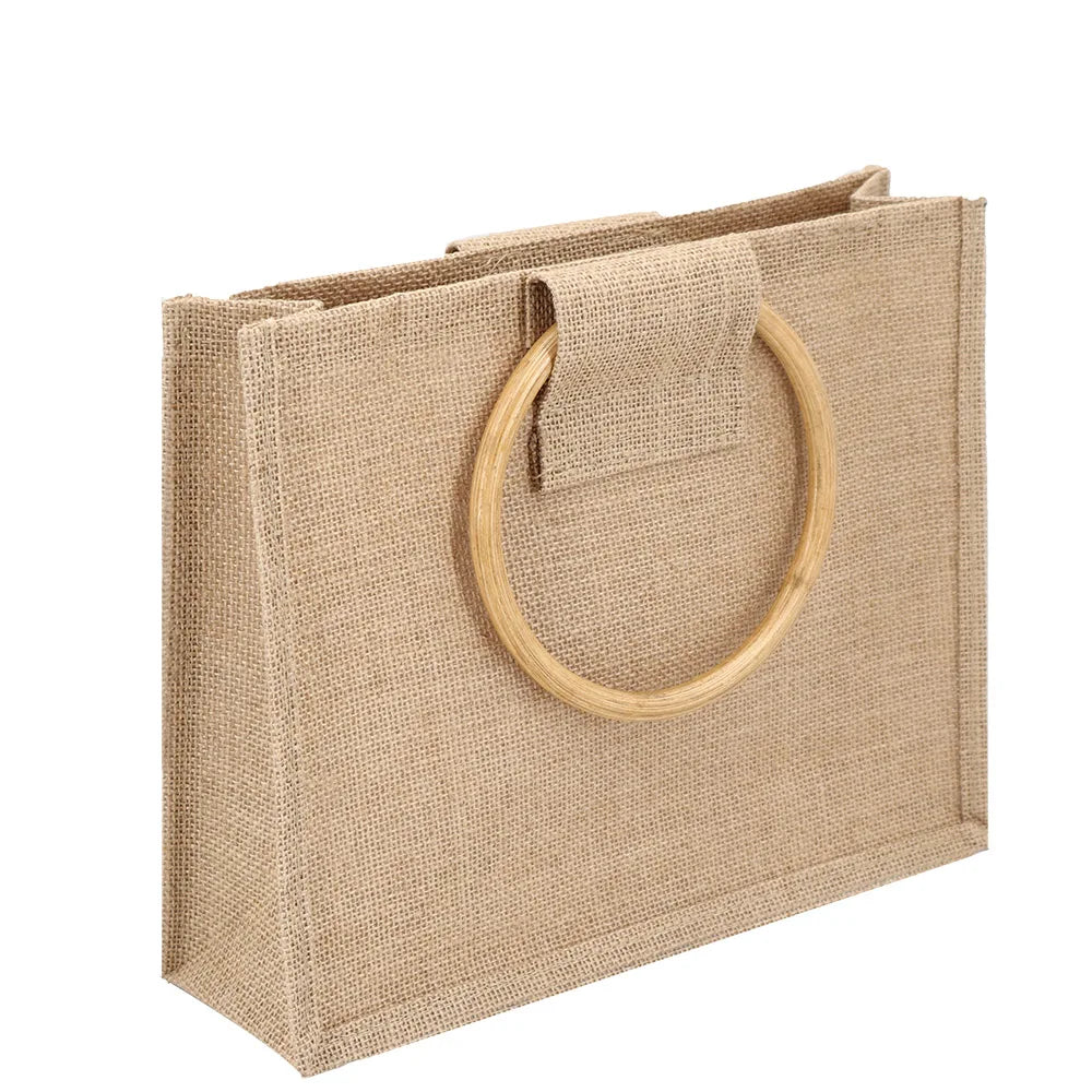 Designed Jute Bag with Wooden Handle Natural Tote Beach Bag Customized Pattern Wholesale Eco Promotional Burlap Shopping Bag