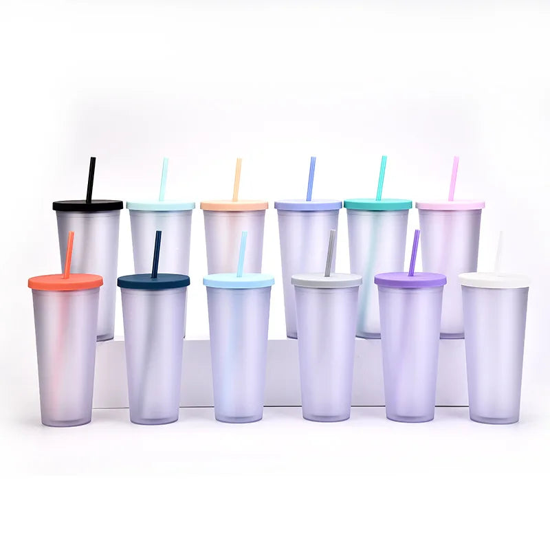 Wholesale 700ml double wall plastic water bottle frosted tumler sports tumbler coffee cups customize in bulk with straw and lid