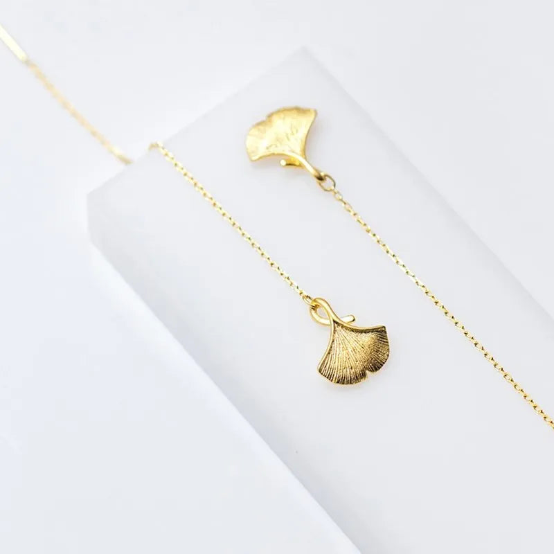 Gingko Leaf Pendant 18K Gold Plated Ear Threader 925 Sterling Silver Long Chain Dangle Drop Earrings Fashion Jewelry for Women