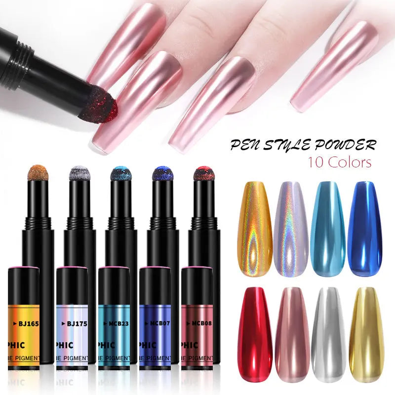 Private Label Solid Mirror Powder Pen Nail Pigment Powder Pen Solid Metallic Chrome Nail Powder Magic Mirror Effect