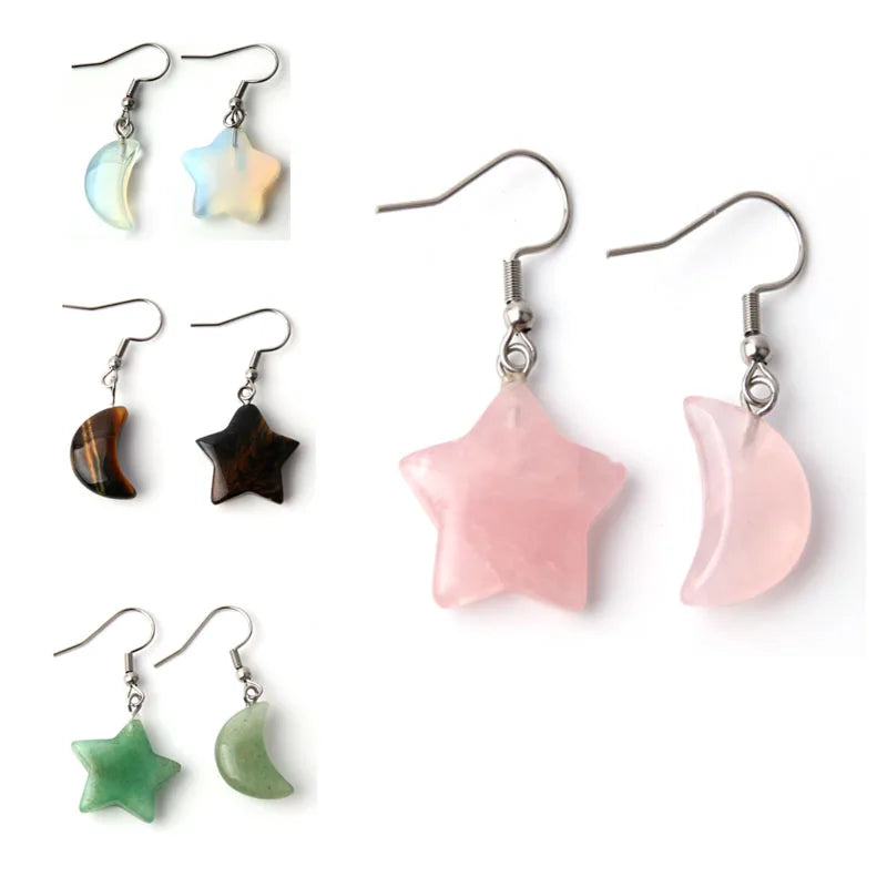 Chuanfan Natural Rose Quartz Stone Earring Start Moon Crystal Gemstone Earring with Stainless Steel Ear Hook for Women