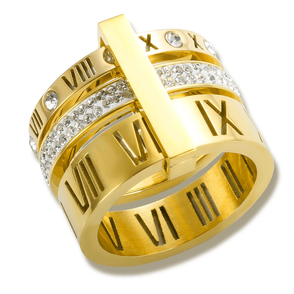 Waterproof Luxury Stainless Steel 18K Gold Plated Multi-layer Roman Numerals Crystal Stack Ring for Women Men Wedding Jewelry
