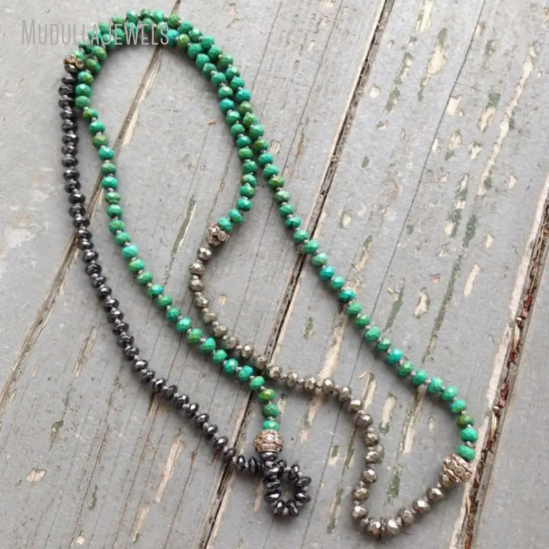 NM21469 Fashion Necklace Natural Gemstone Turquoise Pyrite Bead Hand Layering Boho Chic Bohemian Jewelry for Women