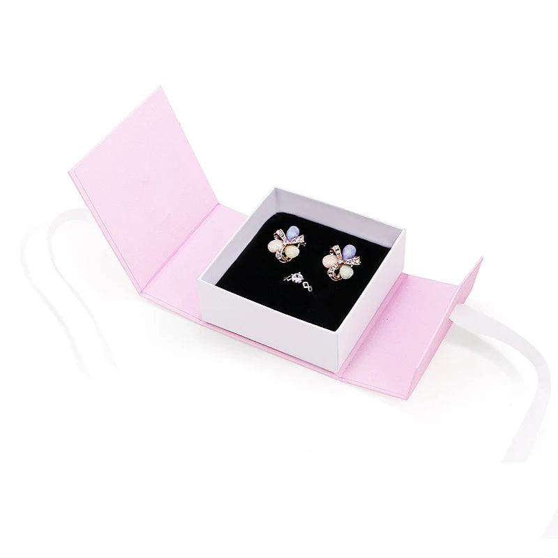 Wholesale Magnetic Foldable Jewelry Cardboard Box With Ribbon Bow Custom Jewelry Folding Packaging Paper Box With Logo