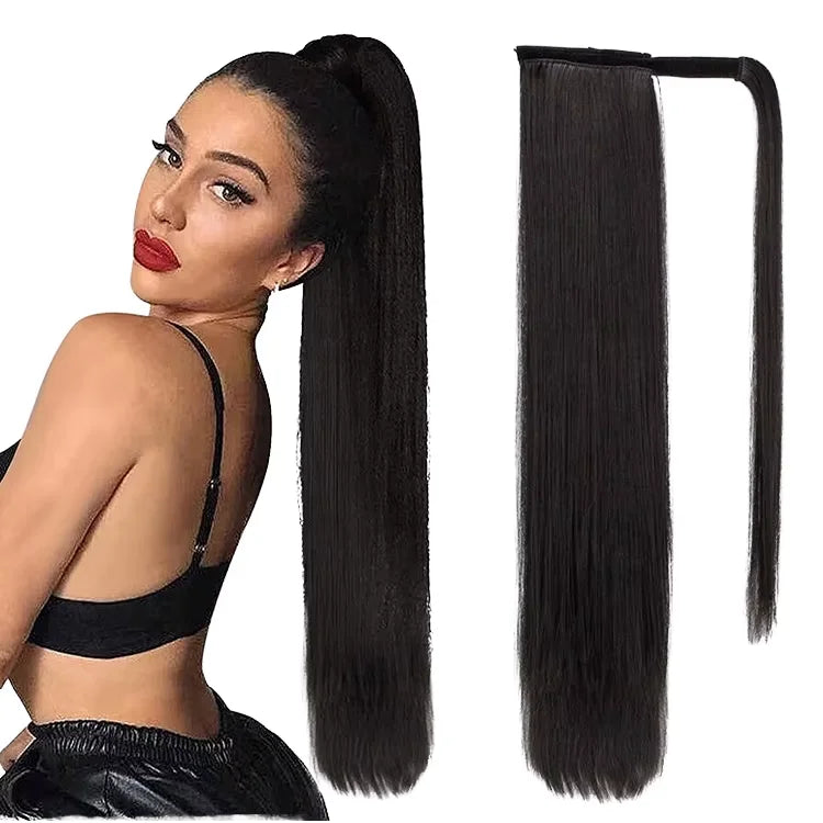 For AliLeader High Temperature Fiber Synthetic Kinky Straight Ponytail Extensions Long Straight Clip-in Wrap for Girls