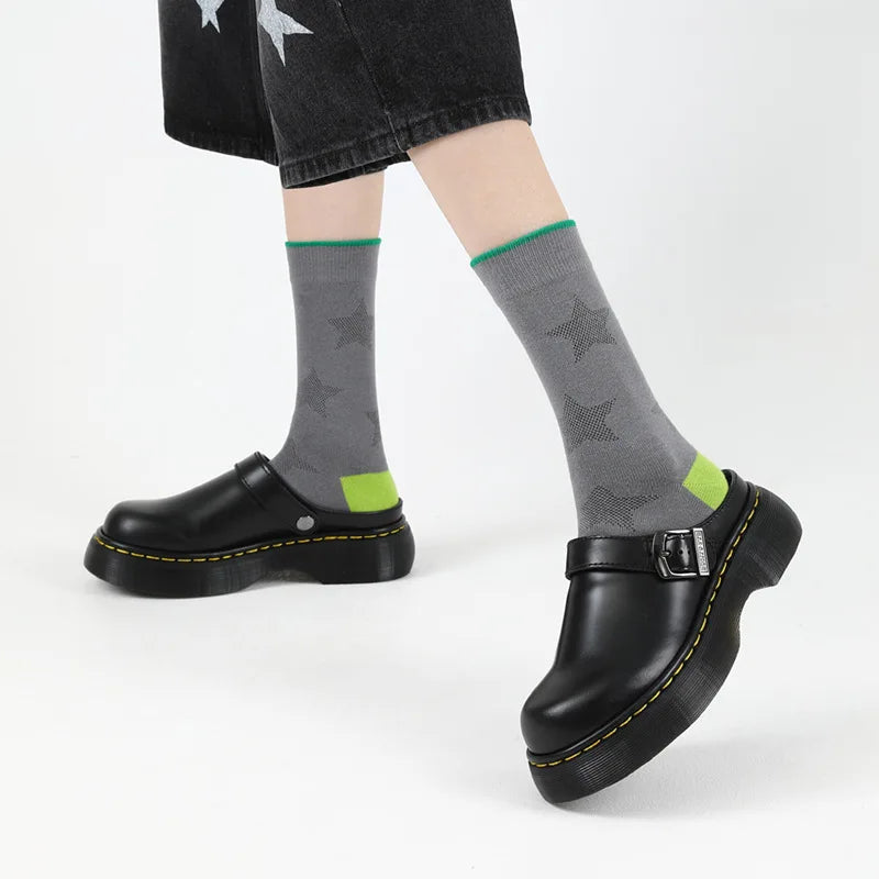 Autumn Stars Solid Pattern Knitted Cotton Blend Casual Women's Knee-Length Socks Eco-Friendly Sporty Breathable Quick-Dry