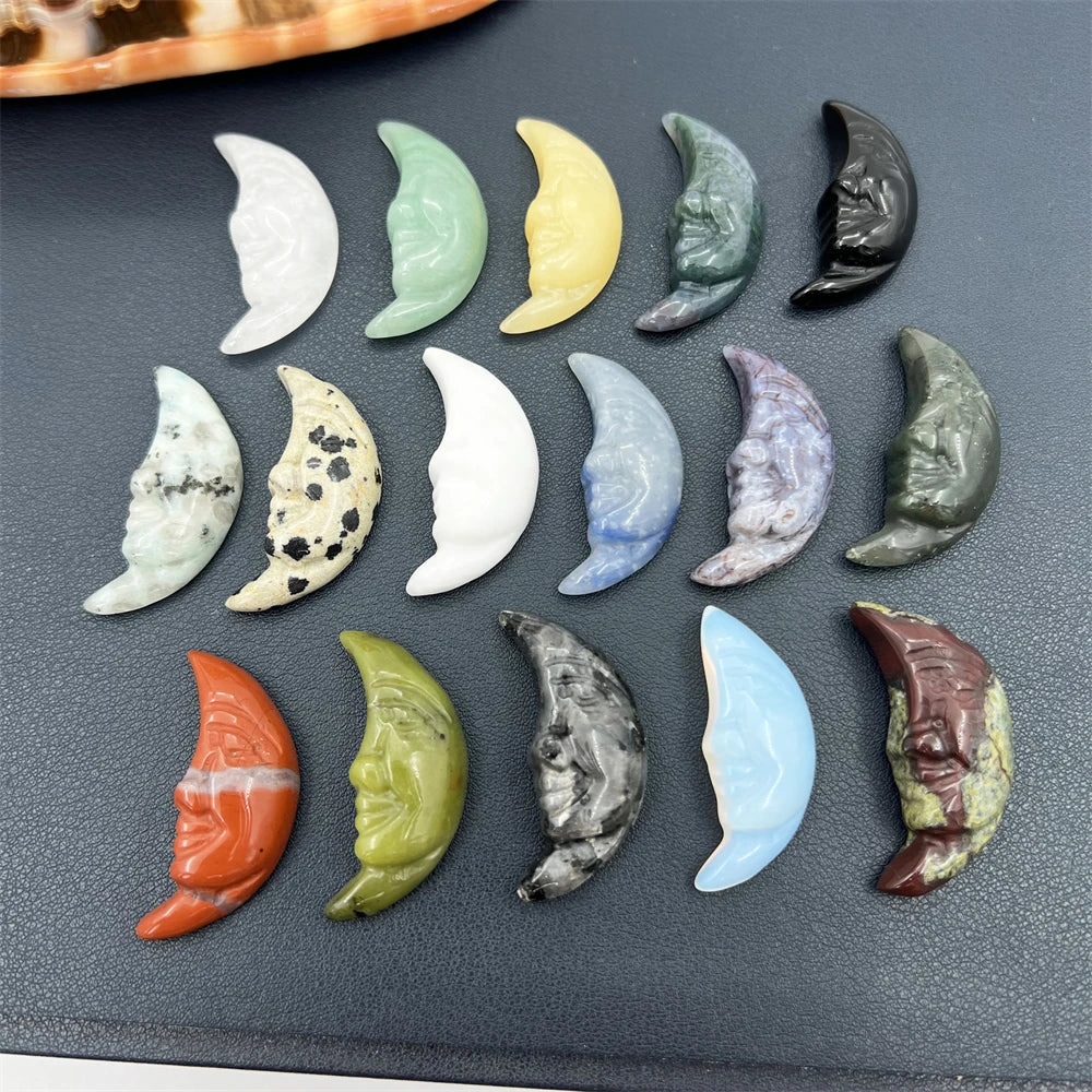 Natural Gemstone Craved Crescent Moon Face Crystal Jewelry Pendant Blue Aventurine Nephrite Feng Shui Waterproof Home Decor