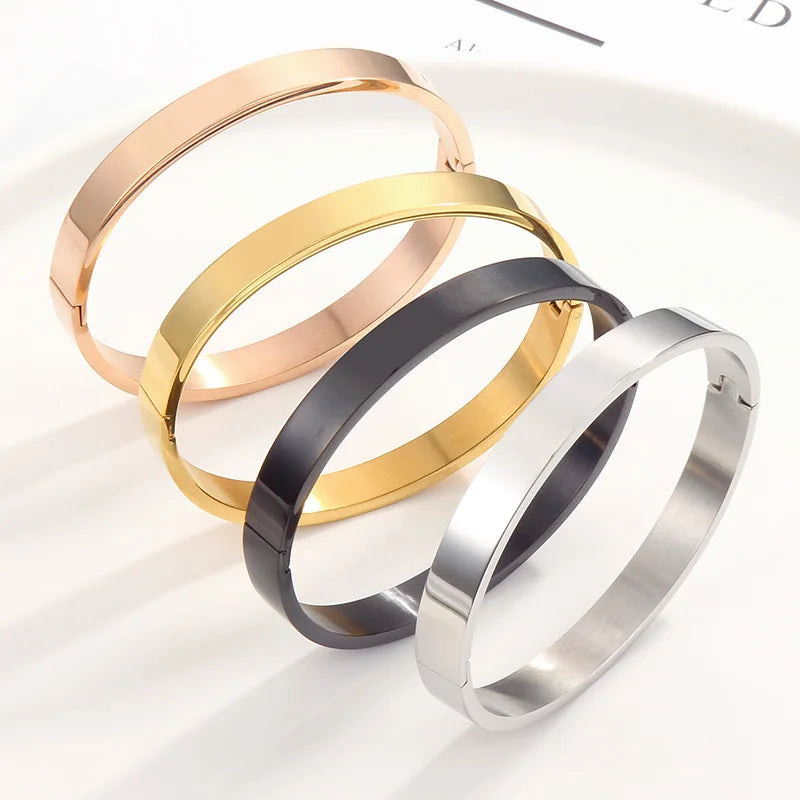 High Polished Bangle Bracelet 18K Gold Plated Stainless Steel Custom Engraving Lock Design Vintage Adjustable Size for Men Women