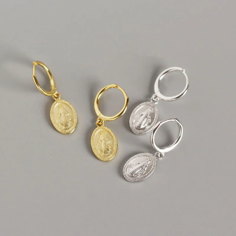Religious Jewelry 18K Gold Plated Virgin Mary Huggie Earrings S925 Sterling Silver Pendant Earrings for Women Gift