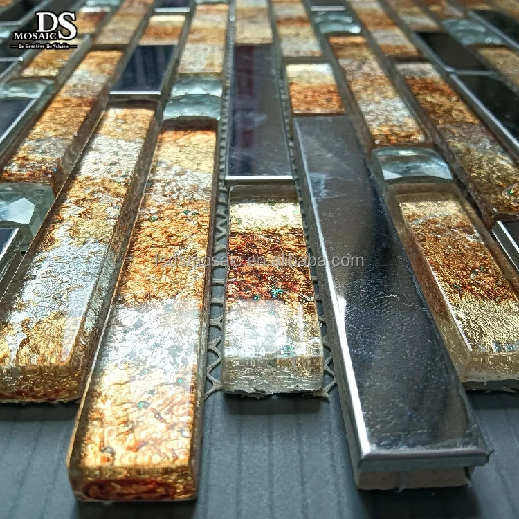 Golden Line Decoration Strip Shape Backsplash Wall Glass Mosaic Mixed With Stainless Steel Mosaic Tiles