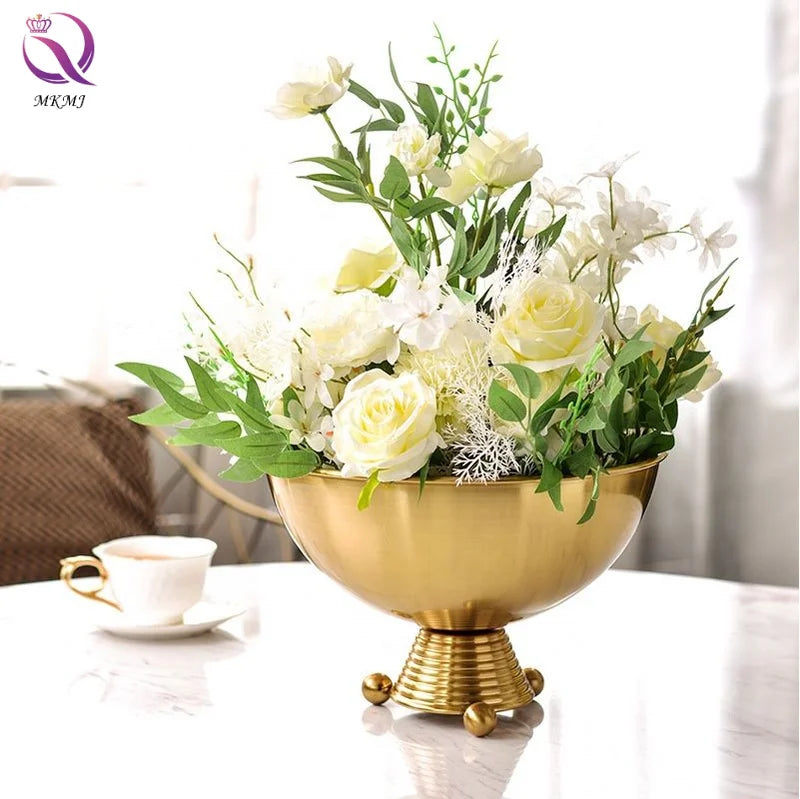 Luxury Home Decor Modern European Table Planter Gold Metal Flowers Bowl Vase Dinning Table Decor Wedding MKMJ AH