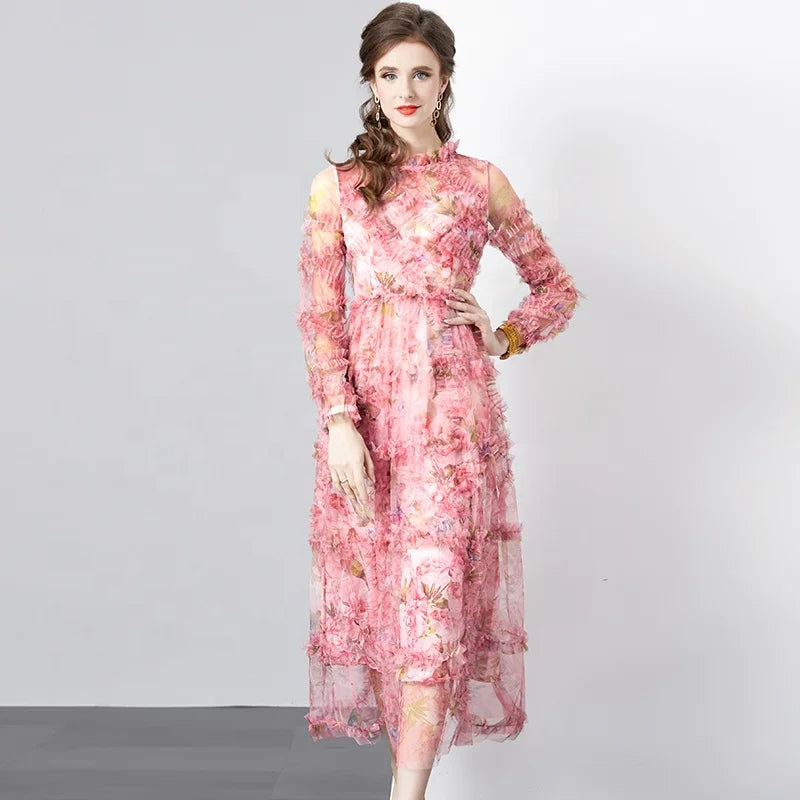 2024 Spring and Autumn New American Floral Women's Long Sleeve Ruffled Edge Sashes A-Line Floor-Length Mesh Eco-Friendly Dress