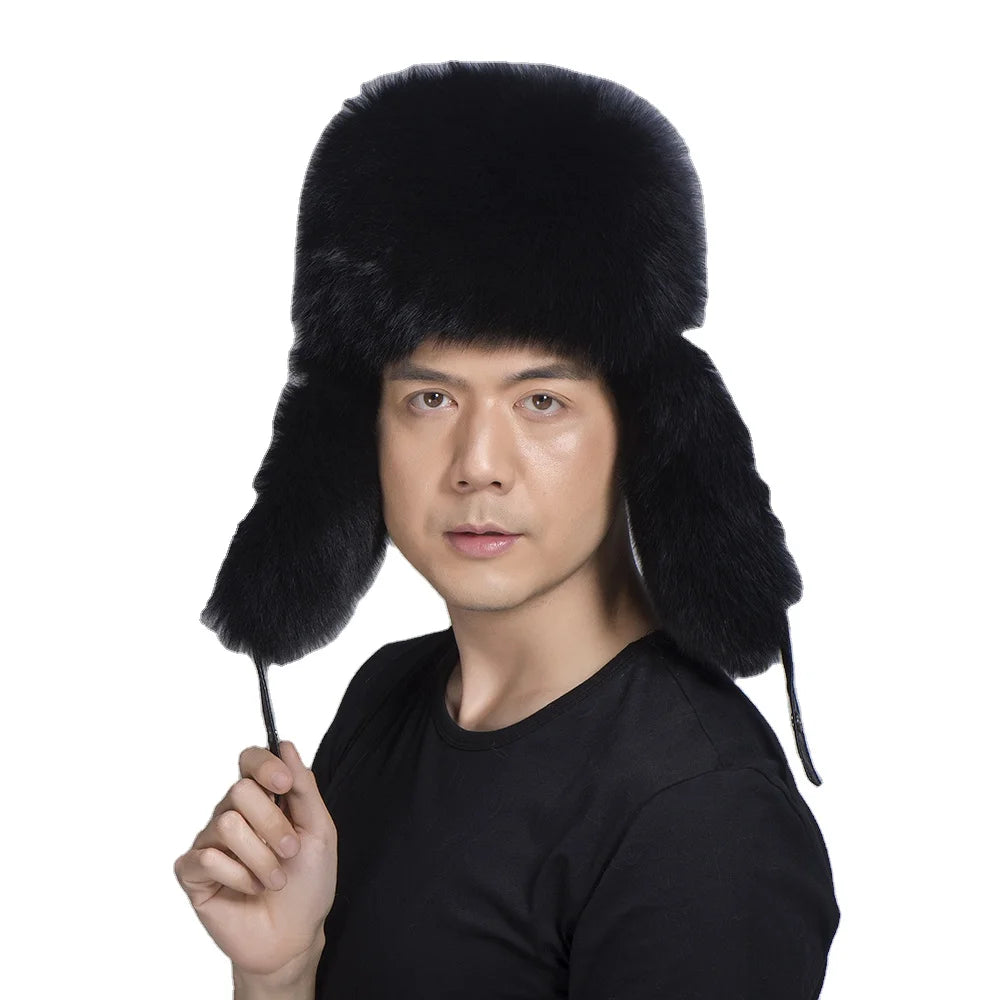 WMfur Natural Raccoon Fur Earflap Cape for Winter Camping Fur Hats Silver Fox Fur Hat with Sheep Leather Trapper Hat