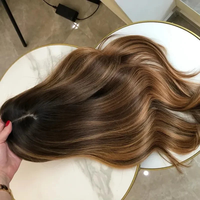 High Quality Luxurious Russian Human Hair Silk Base Topper Customize Color Highlight Ombre With Black Root
