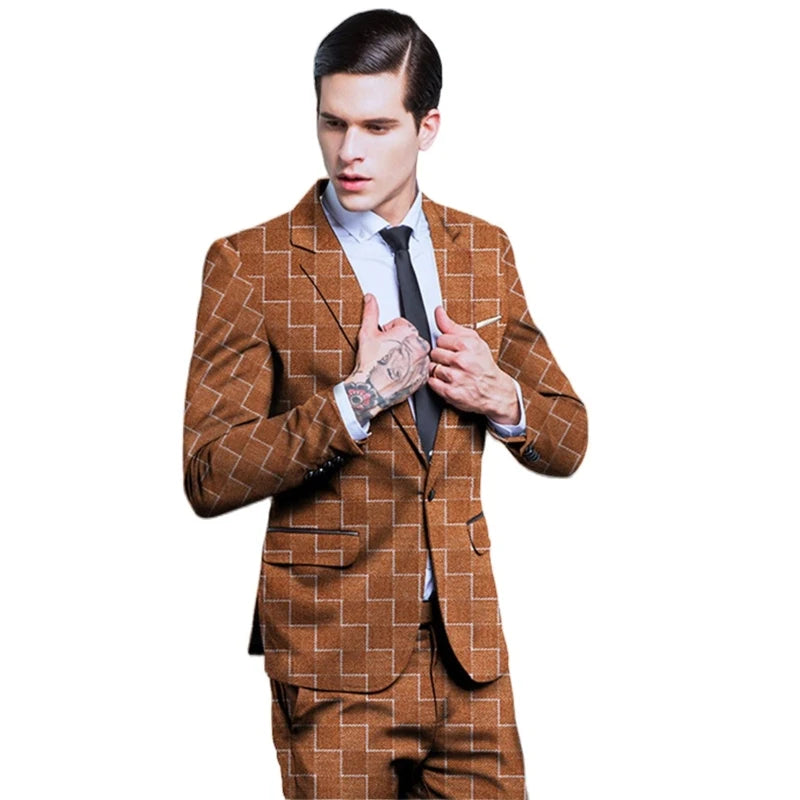 Brown Blazer Trousers Twill Men's Suit Coat Customized Color Size Checker 3D Jacquard 2 Piece Set Jacket Pants Wedding Clothing