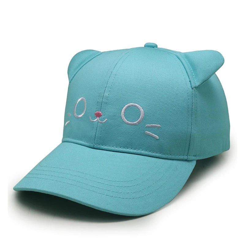 Custom Logo Cute Embroidery Cartoon Cat Plain Solid Adjustable Kids Baseball Cap With Ears
