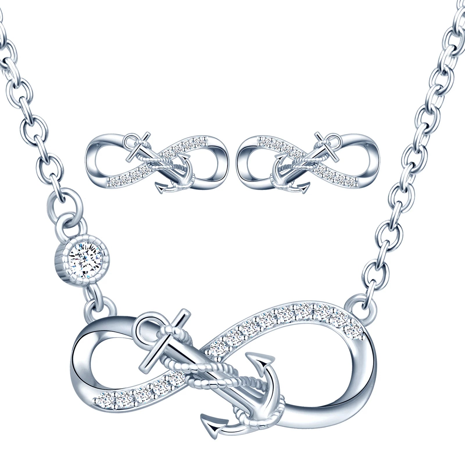 925 Silver Necklace Stud Earrings Infinity Anchor Jewelry Set for Ladies