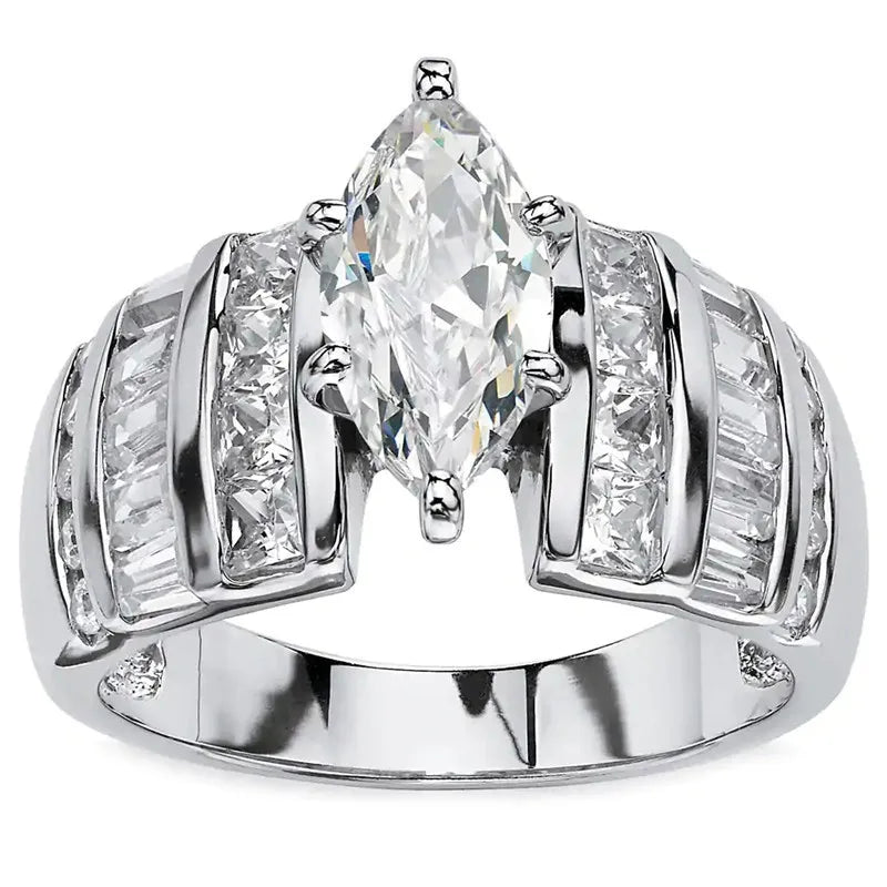 CAOSHI Simple Style Marquise Cut Crystal Cubic Zirconia Wide Band Rings for Wedding Engagement Silver Plated CZ Rings for Women