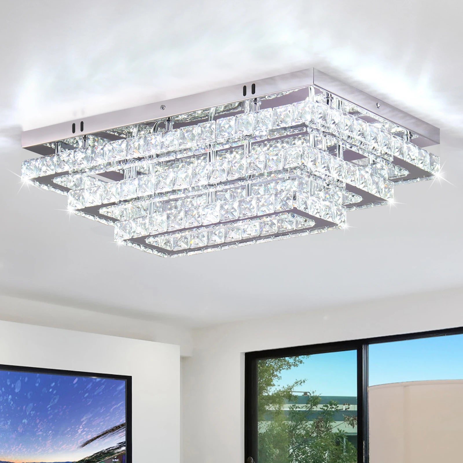 20.07'' Indoor K9 Crystal LED Square Ceiling Light Fixture 3-Tier Rectangular Flush Mounted Chandelier Cool White Switch