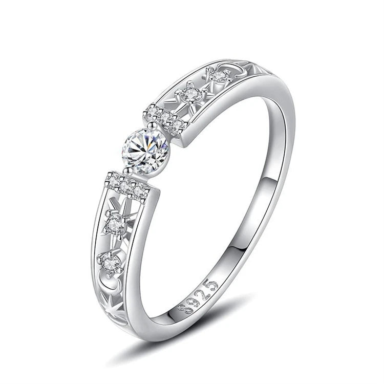 Fine Jewelry 925 Sterling Silver Single Diamond Hollow Index Finger Stackable Ring for Women