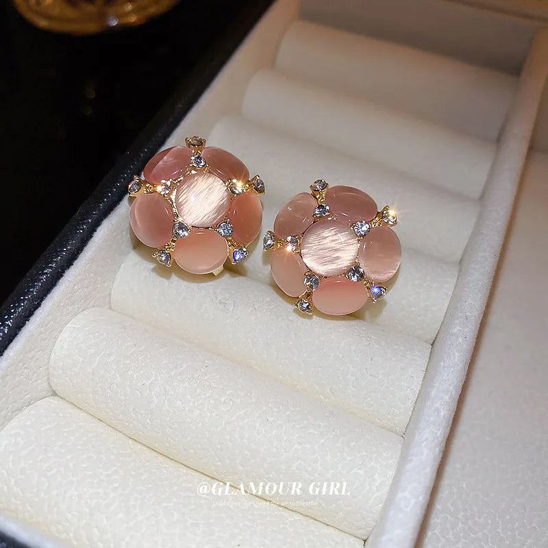 Silver Needle Inlaid Diamond Cat's Eye Stone Round Flower Earrings Sweet Girl Heart Earrings Fashion Versatile Earrings