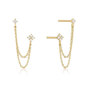 Fashion Double Piercing Dangle Chain Earrings Gold Plated Flower Stud Chain Tassel Earrings for Women
