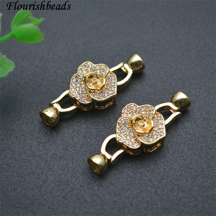 Jewelry Making Supplies Nickel Free Anti Fading Gold Plated CZ Pave Three Petal Heart Flower Clasps for Bracelet Connectors