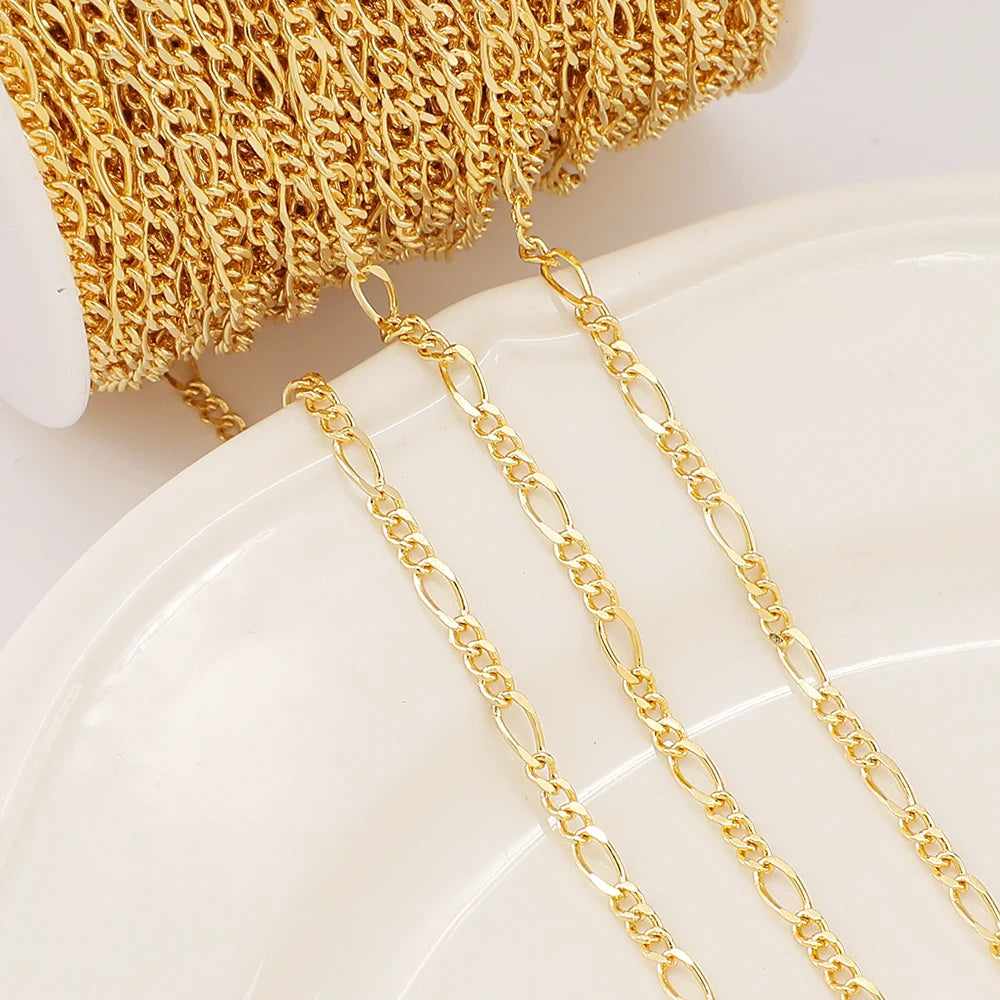 3+1 Figaro Design Gold Chain 18K Gold Plated Brass Chain Wholesale Italian Gold Plated Chain for Jewelry Making