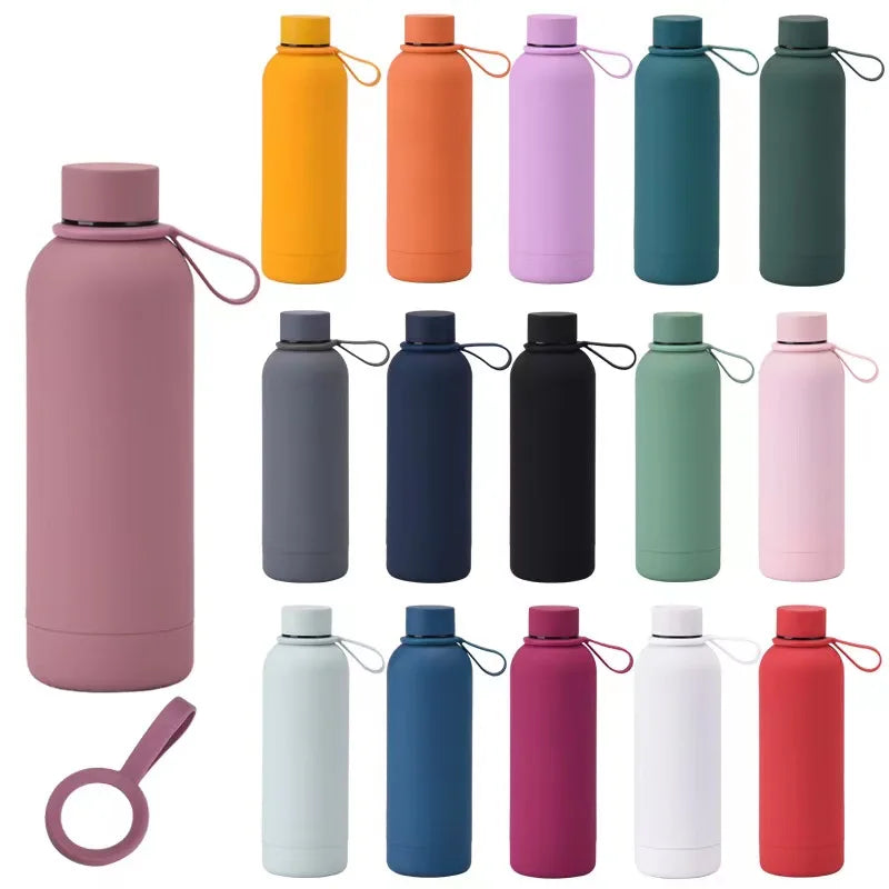 Factory Customized Double Wall 18/8 Stainless Steel Water Bottle Rubber Paint Insulated Bottle with Silicone Rope Vacuum Flask