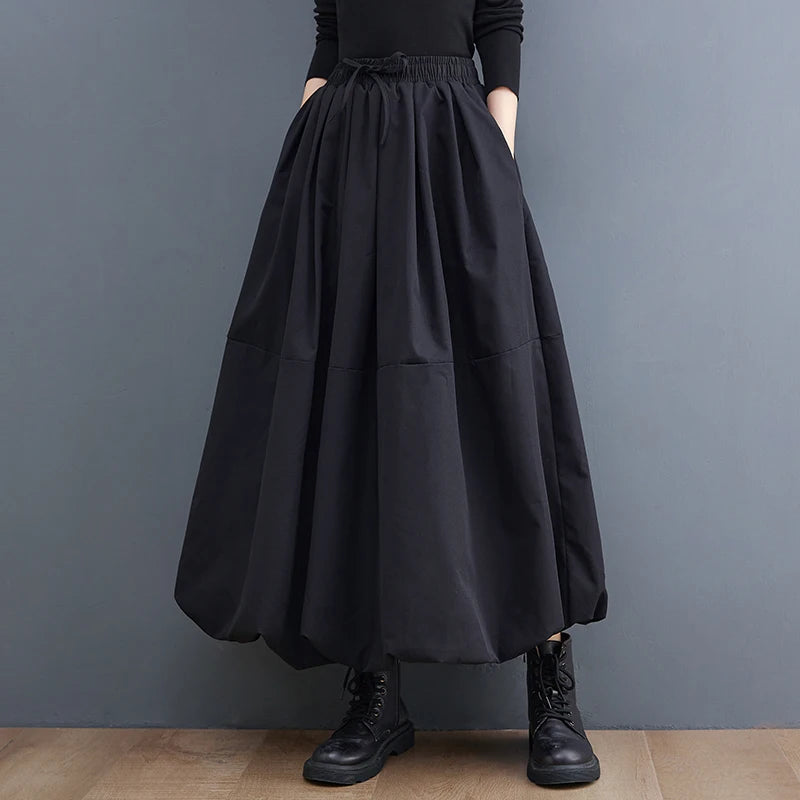 Wholesale 2026 Autumn and Winter Solid Color Skirt Drawstring Elastic Waist Puffy Skirt Medium Length High Waist A-line Skirt