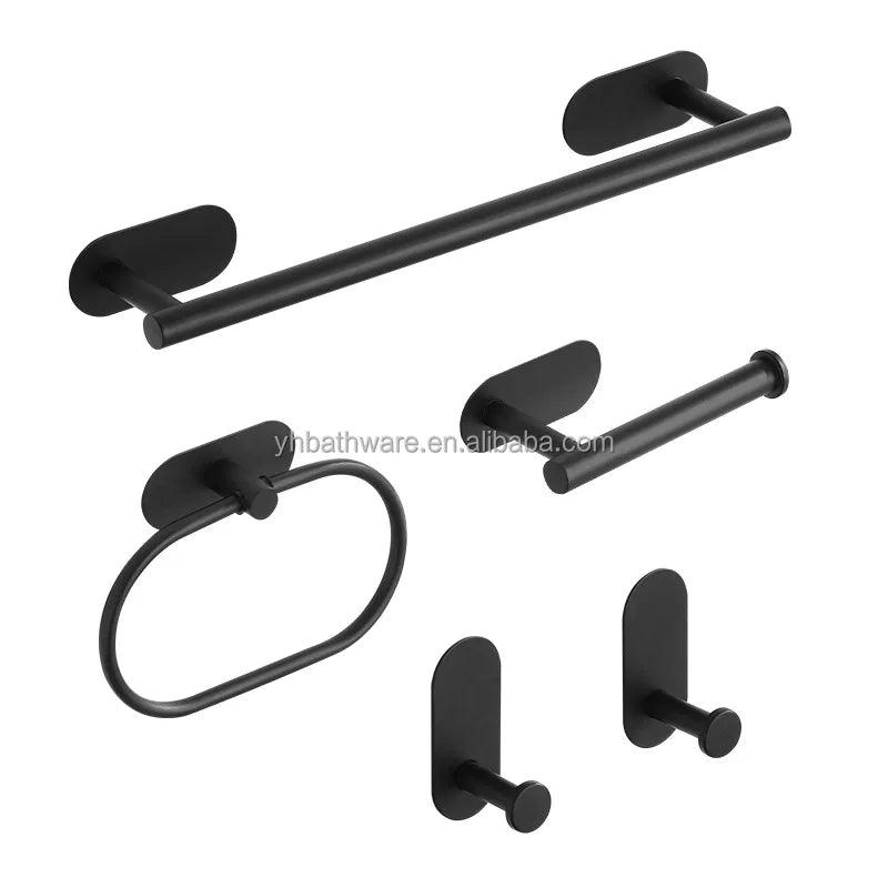 2025 Newest Household Towel Bar Single Pole Bathroom Stainless Steel 5 Pieces Black Hardware Bathroom Accessories Set