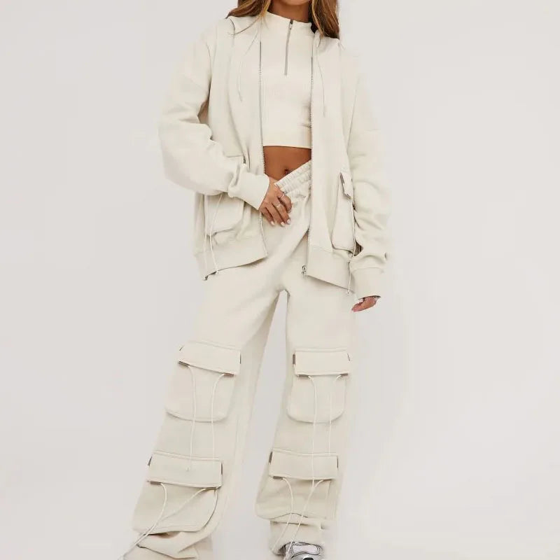 Custom Oversized Multi Pockets Hoodie Wide Leg Jogger Pant Track Set for Women