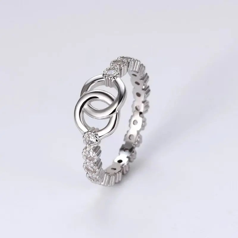 FUAMAY 925 Sterling Silver Chain-studded Zircon Ring Simple  Fashionable Sterling Silver Double Circle Cross Ring Anillo
