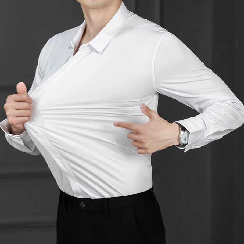 High Elastic Solid Color Long Sleeve Slim Shirt Non-ironing Drape Silky Business Casual Plus Size Men's Shirt