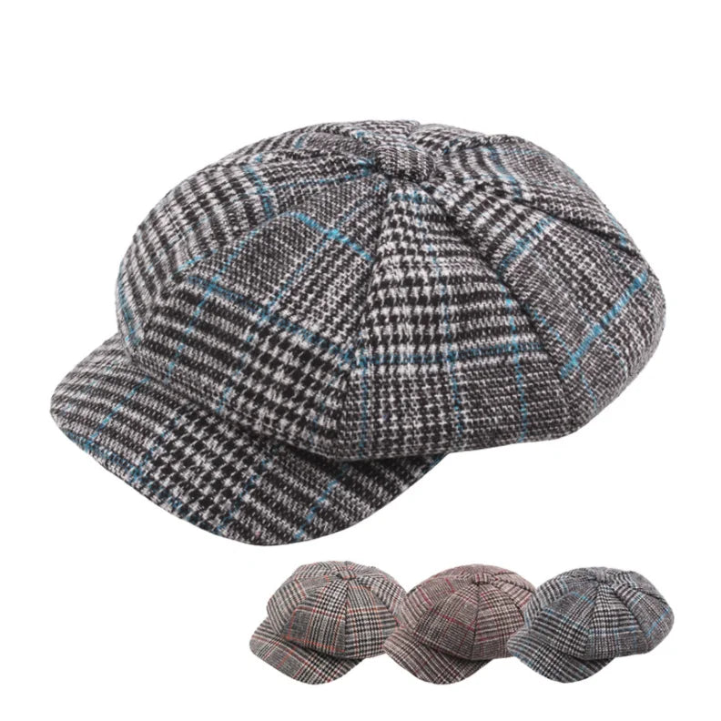 Wholesale Fashion Autumn Women Plaid Octagonal Flat Beret Newsboy Cap Beret Painter Hat