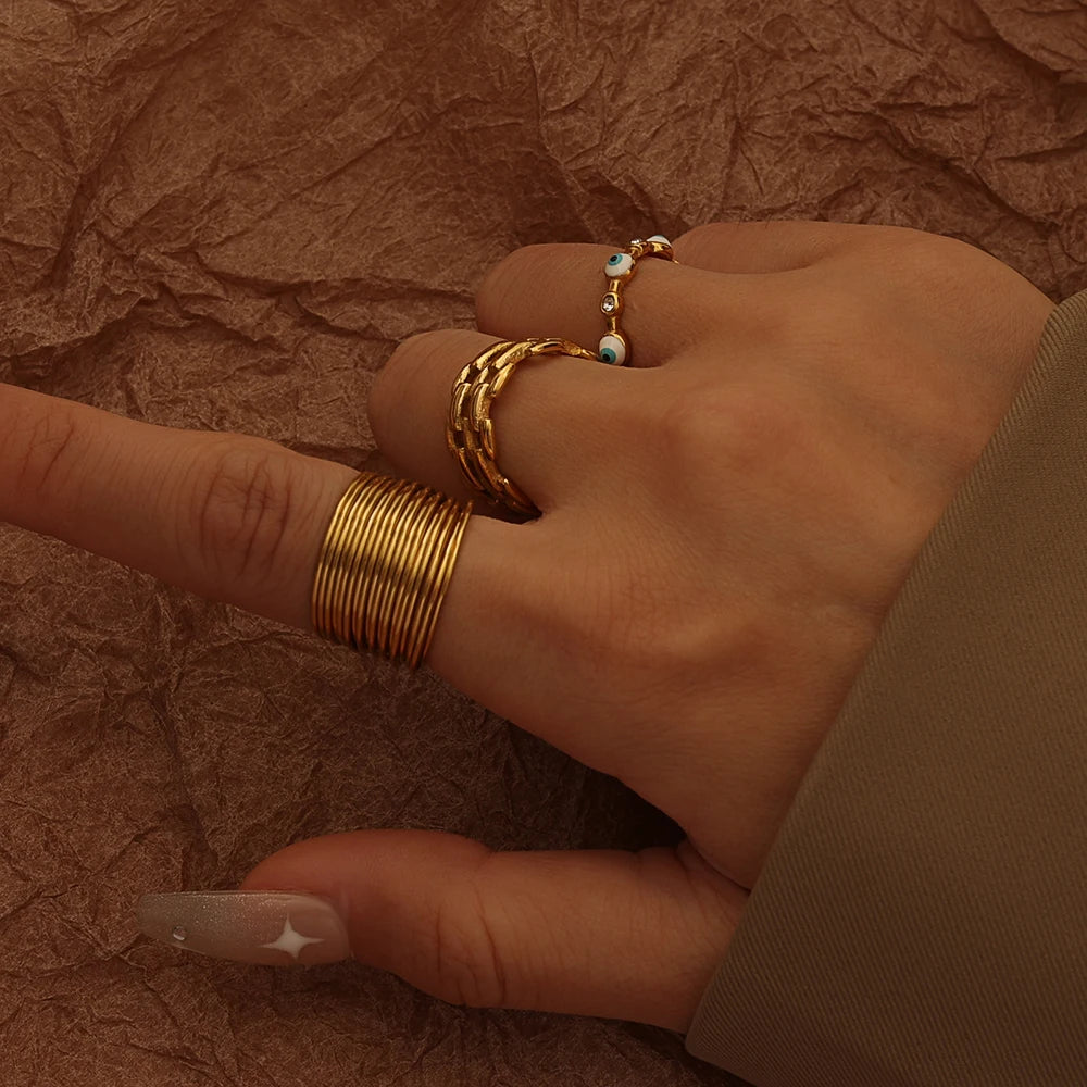 Trendy Multiple Row Ring Minimalist Plain Layered Ring Waterproof Non Tarnish Chunky Wide Band Multi Layer Ring